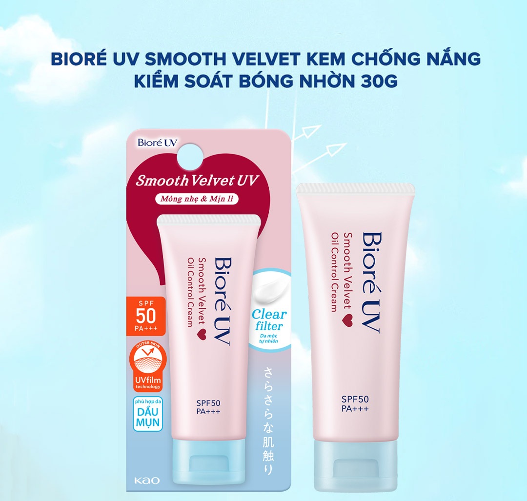 Kem Chống Nắng Bioré Smooth Velvet - Pore Oil Control Cream SPF 50 PA+++ 30ML - Kiểm Soát Bóng Nhờn 1