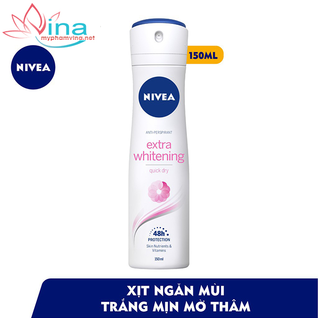 Xịt khử mùi trắng mịn mờ vết thâm Nivea Extra Whitening Quick Dry 150ml
