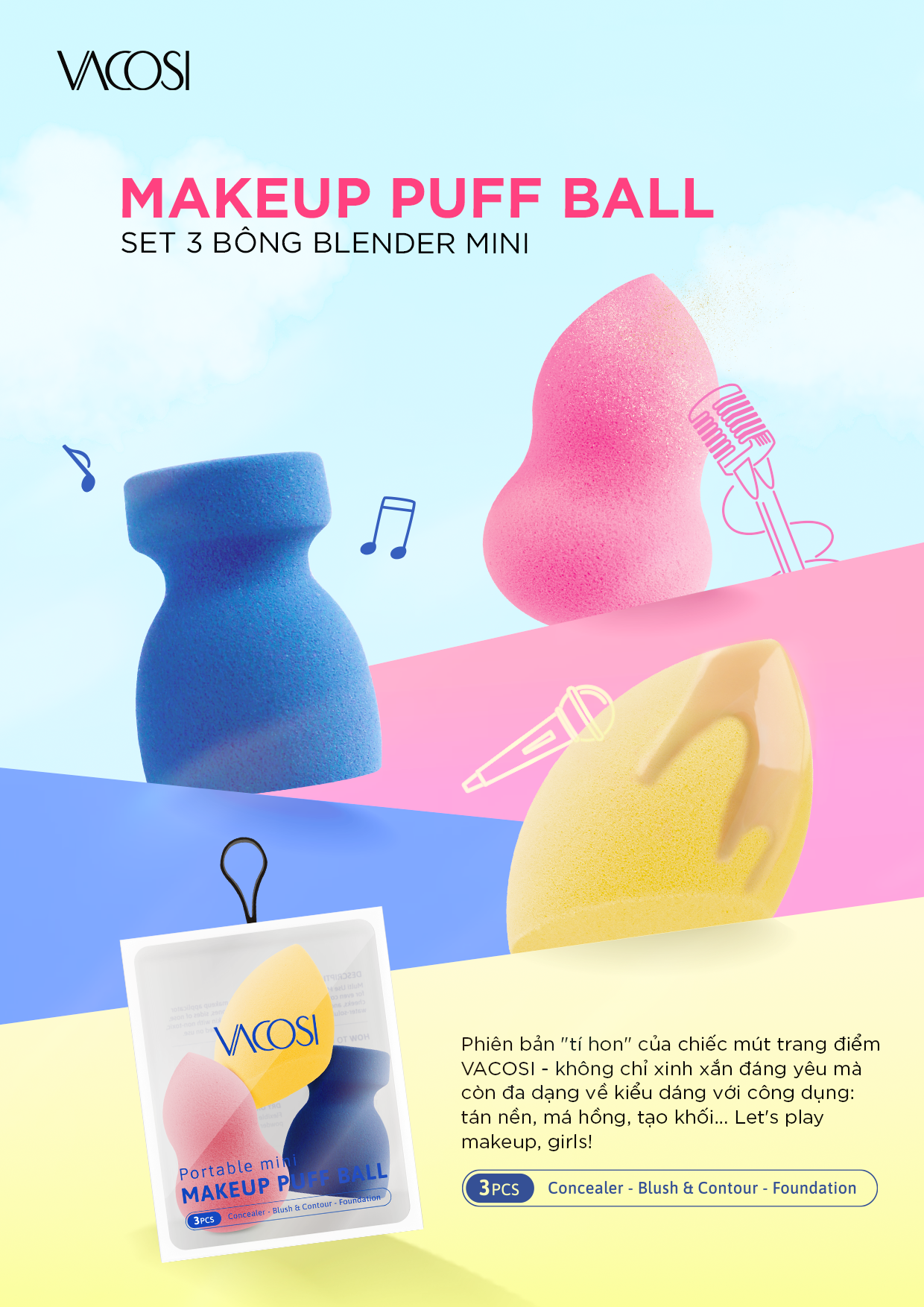 SET 3 BÔNG VACOSI PORTABLE MINI MAKEUP PUF BALL PH05 2