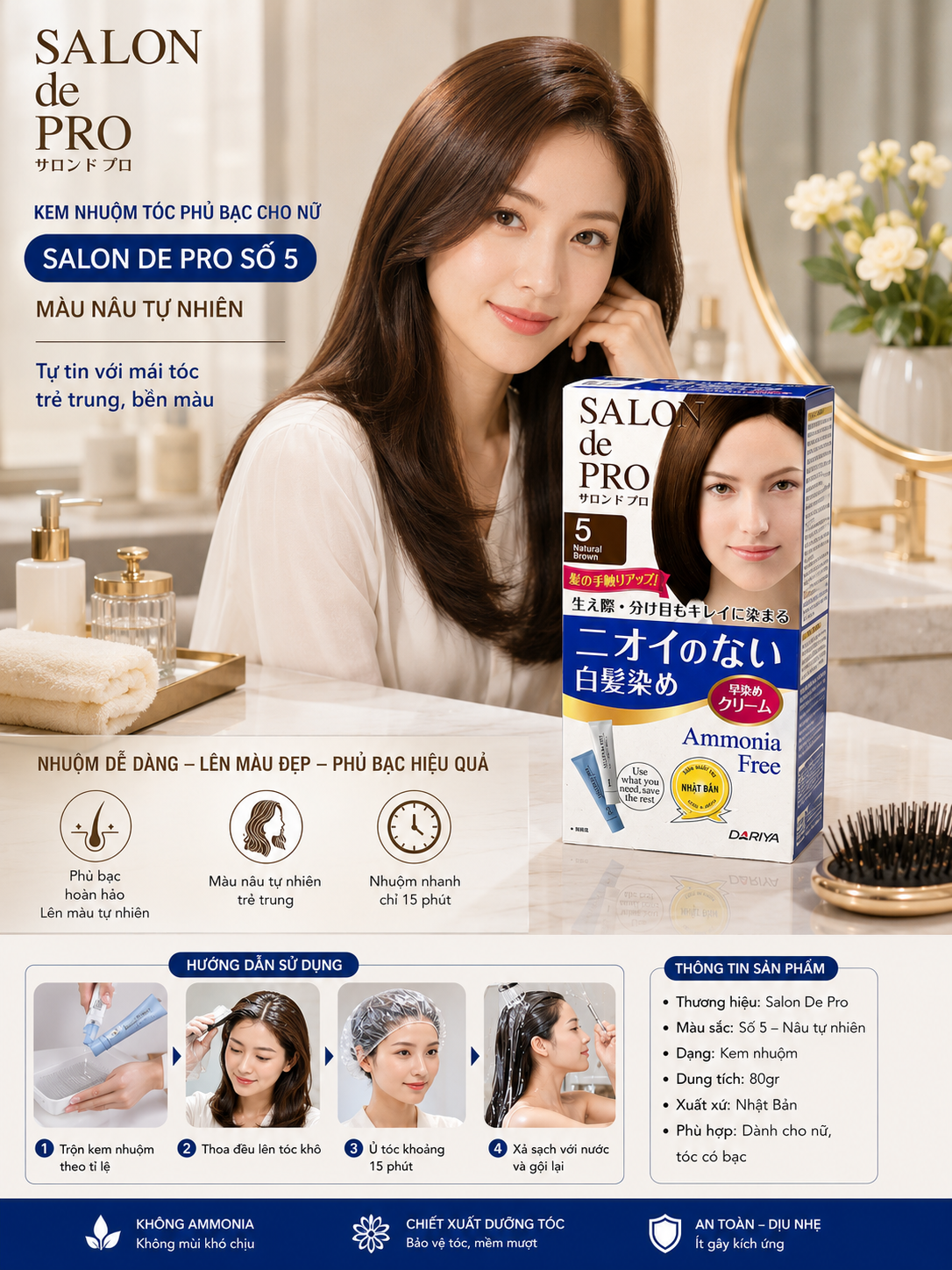 Kem Nhuộm Tóc Phủ Bạc Cho Nữ Salon De Pro Số 5 Màu Nâu Tự Nhiên 80gr 2