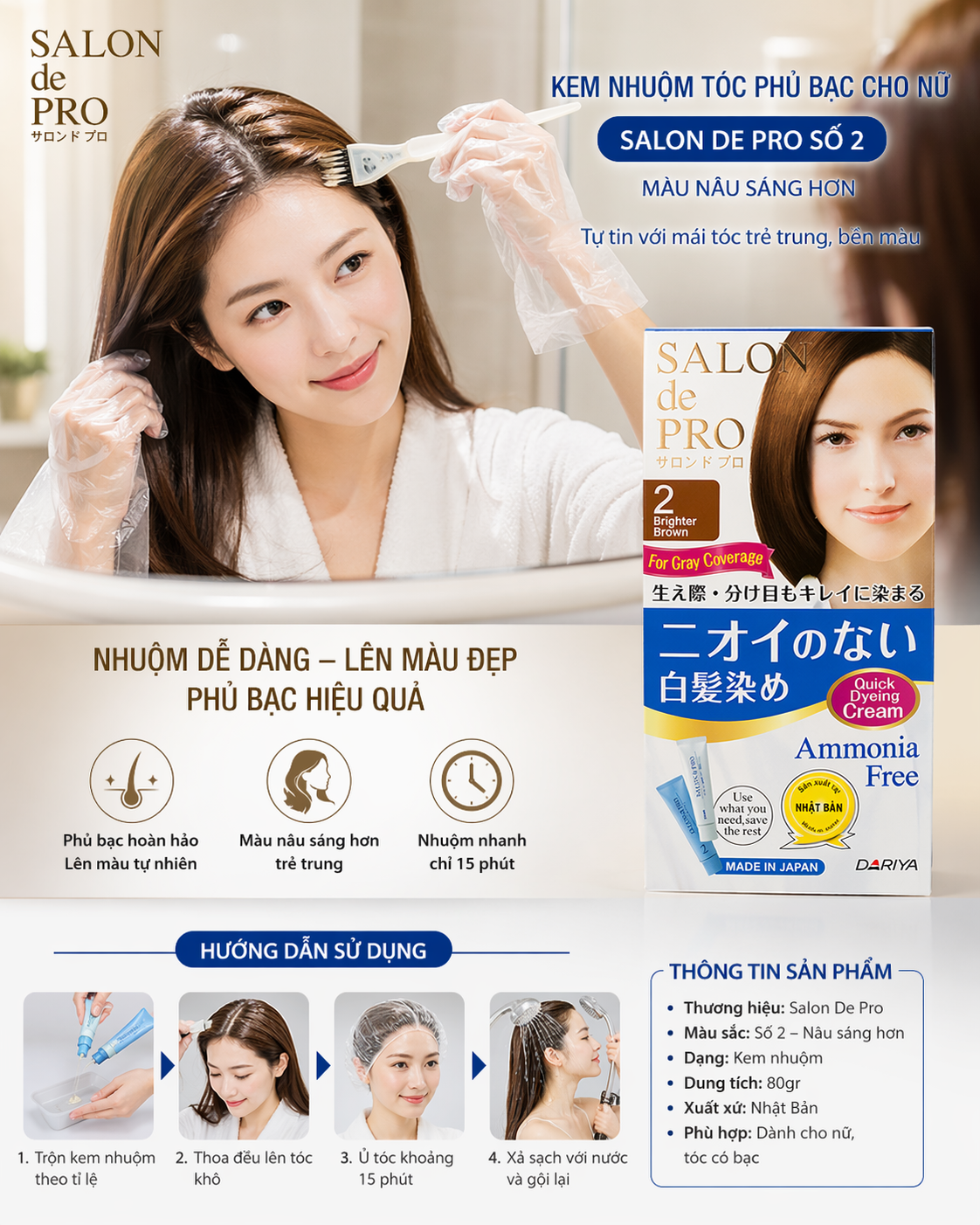 Kem Nhuộm Tóc Phủ Bạc Cho Nữ Salon De Pro - #2 (Brighter Brown): Nâu sáng hơn 1