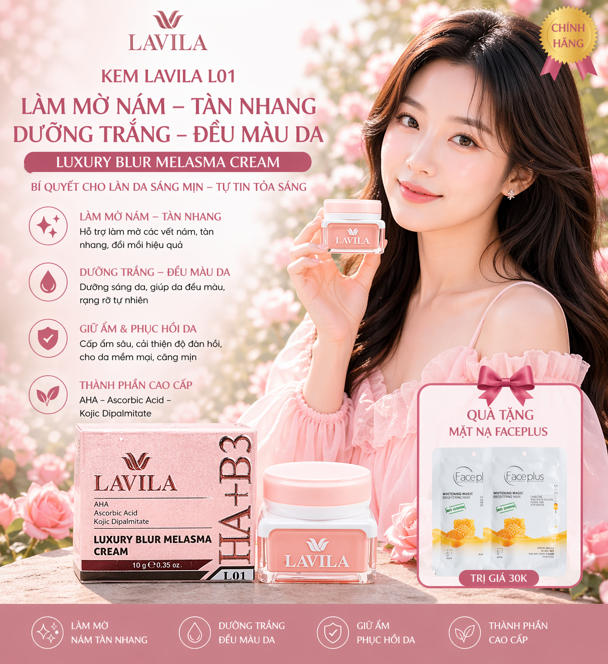 Kem Lavila L01 Làm Mờ Nám, Tàn Nhang, Đồi Mồi, Dưỡng Trắng Da, Giữ Ẩm & Đều Màu Da 10g (tặng mặt nạ)) 2