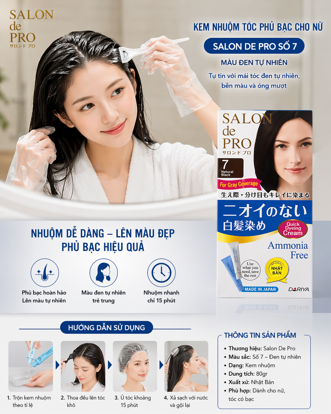  Kem Nhuộm Tóc Phủ Bạc Cho Nữ Salon De Pro - #7 - Màu đen tự nhiên 2