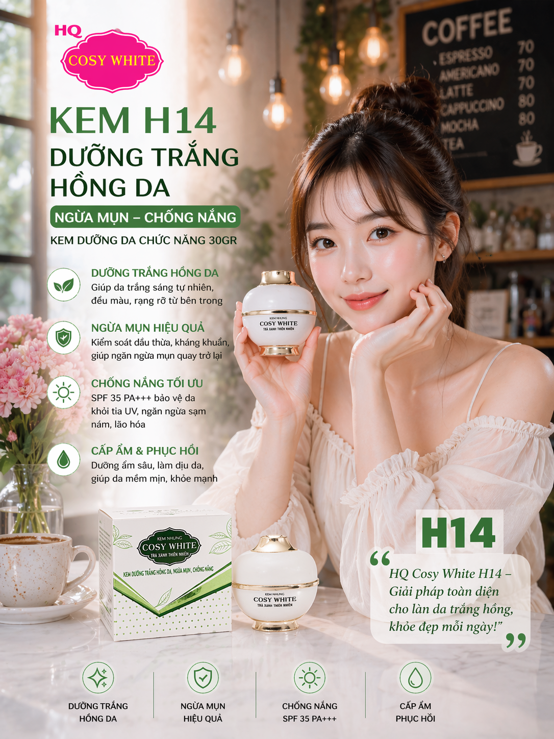 KEM HQ COSY WHITE H14 DƯỠNG TRẮNG HỒNG DA NGỪA MỤN CHỐNG NẮNG 30G 2