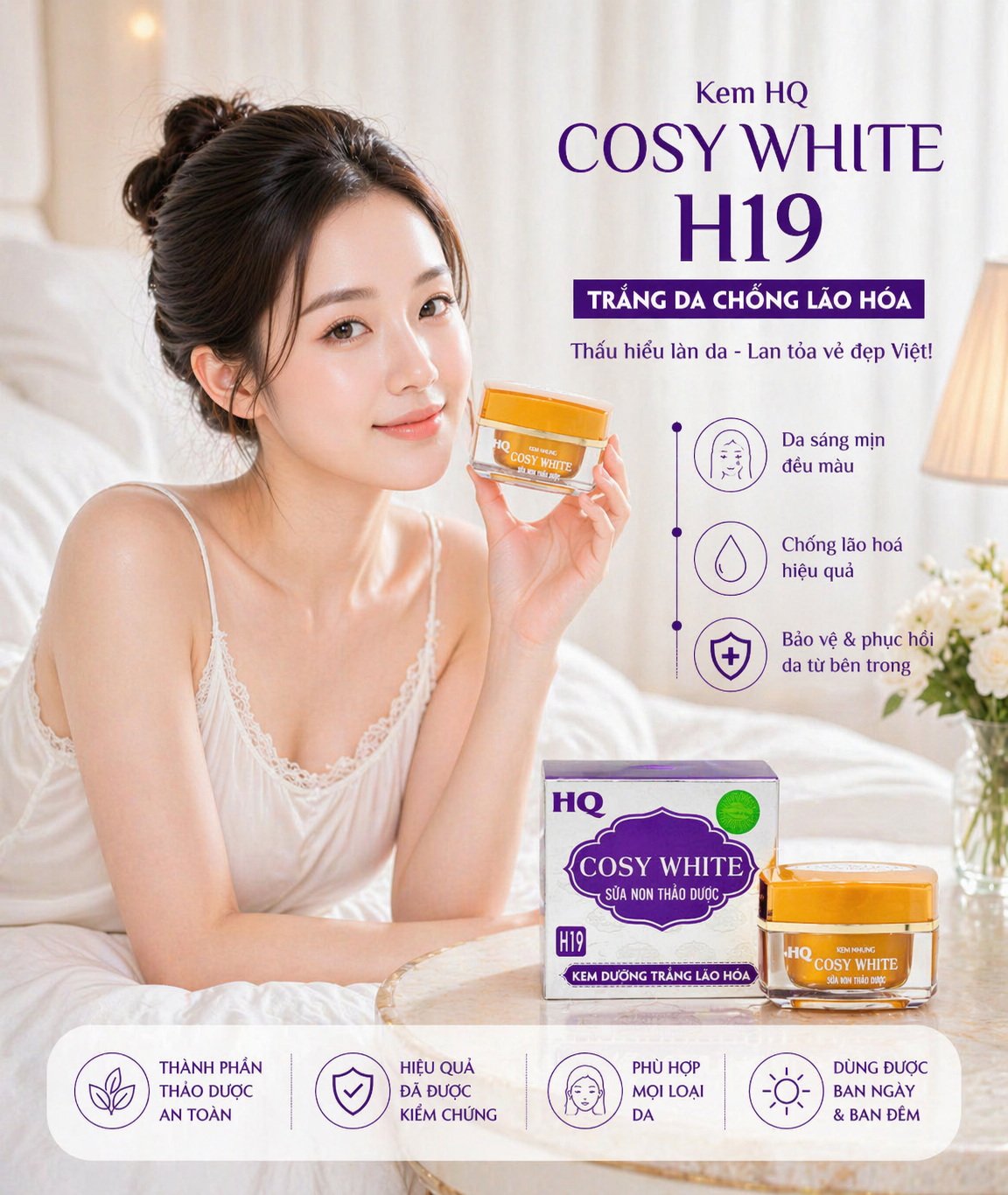 Kem HQ Cosy White H19 Dưỡng Trắng Da Ngừa Lão Hóa 19g 1