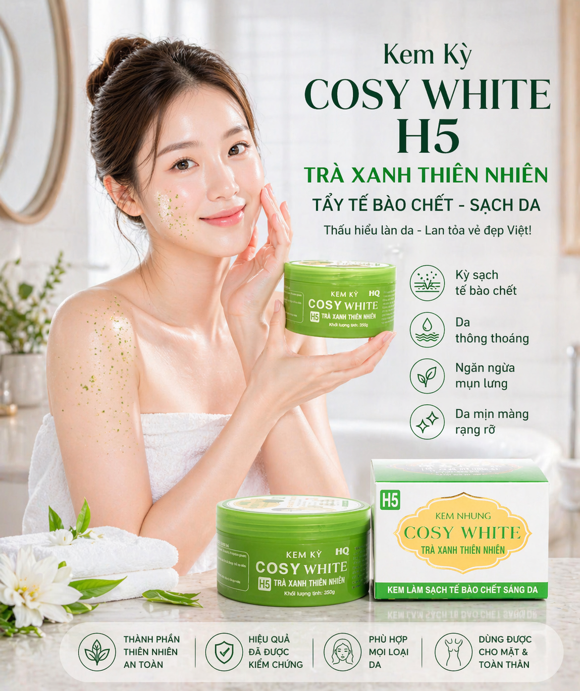 Kem tẩy tế bào da chết HQ Cosy White H5 tinh chất trà xanh 250gr 1