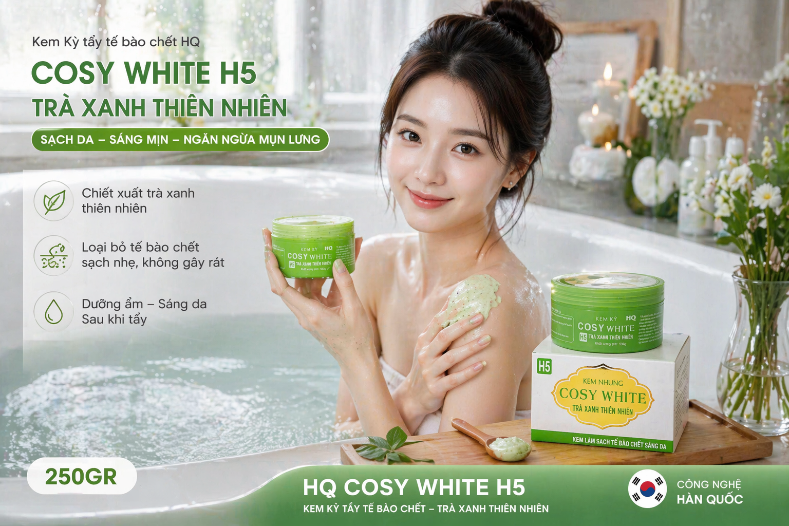 Kem tẩy tế bào da chết HQ Cosy White H5 tinh chất trà xanh 250gr 2