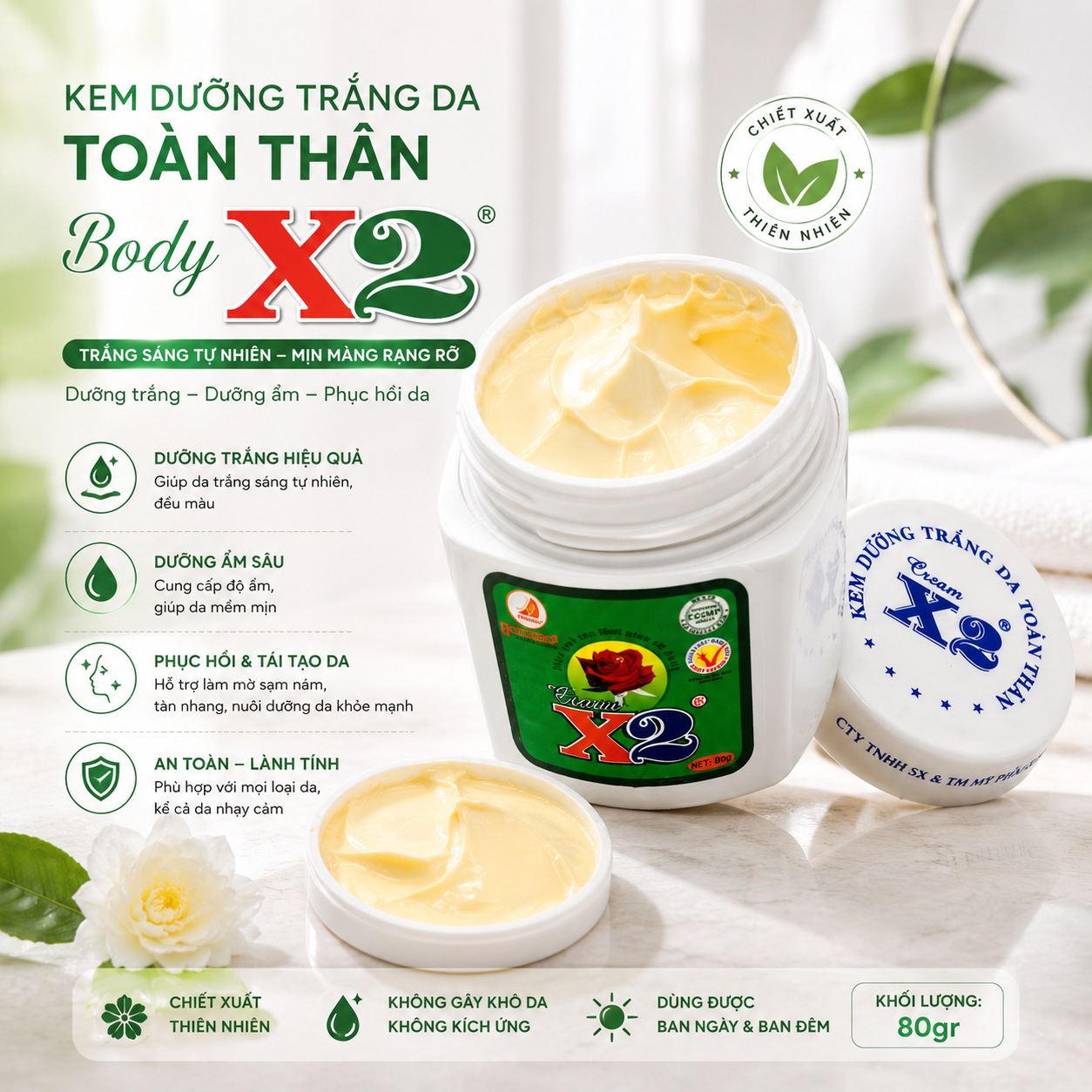 Kem Dưỡng Trắng Da Toàn Thân Body X2 80gr