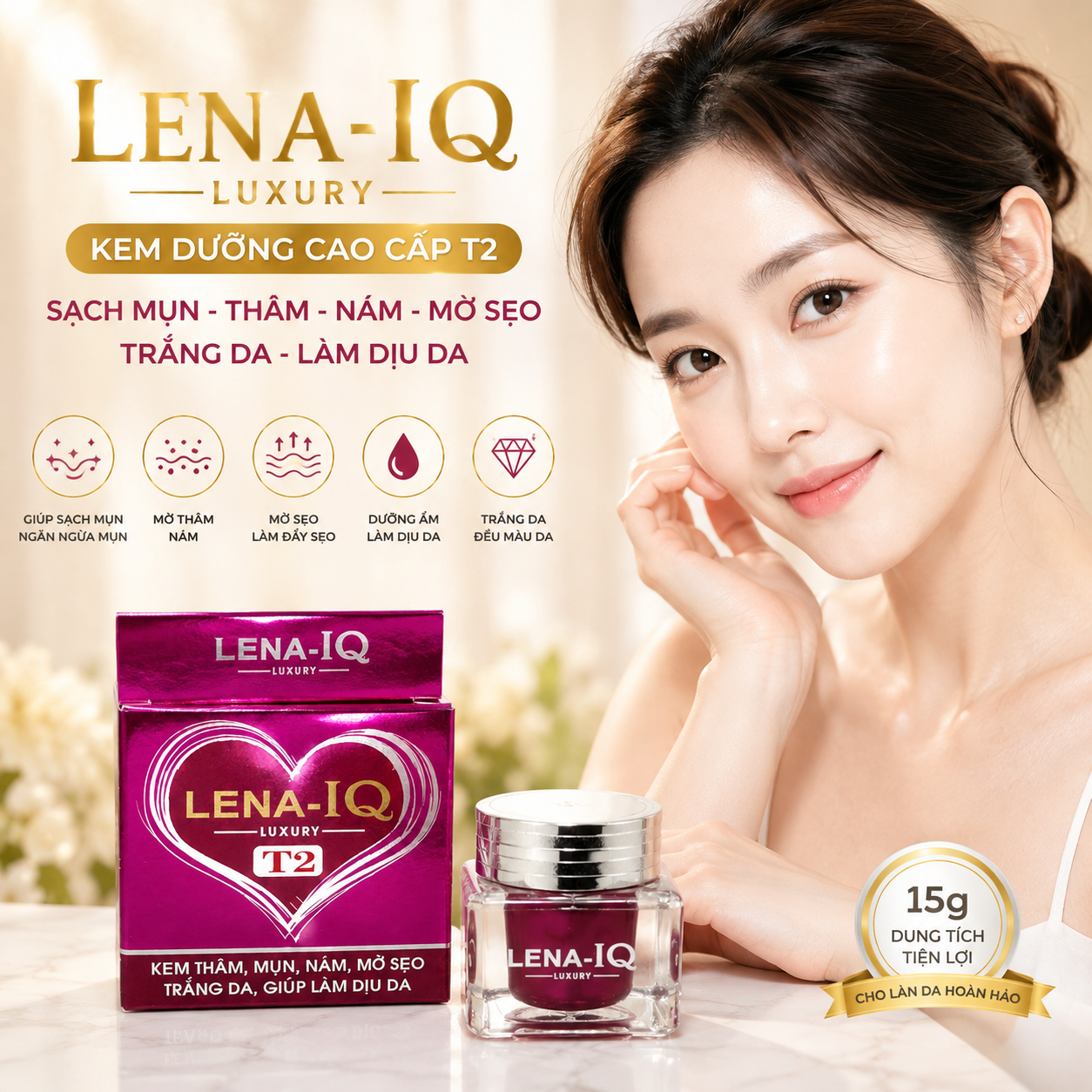 Kem LENA-IQ T2 LUXURY sạch mụn - Thâm - Nám - Mờ sẹo - Trắng da - Làm dịu da 15g 2