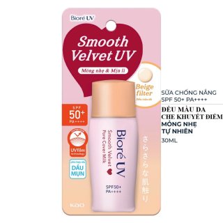 Sữa Chống Nắng Bioré  Smooth Velvet - Pore Cover Milk SPF 50+ PA++++ 30ml - Trang Điểm Mỏng Nhẹ, Mịn Lì 